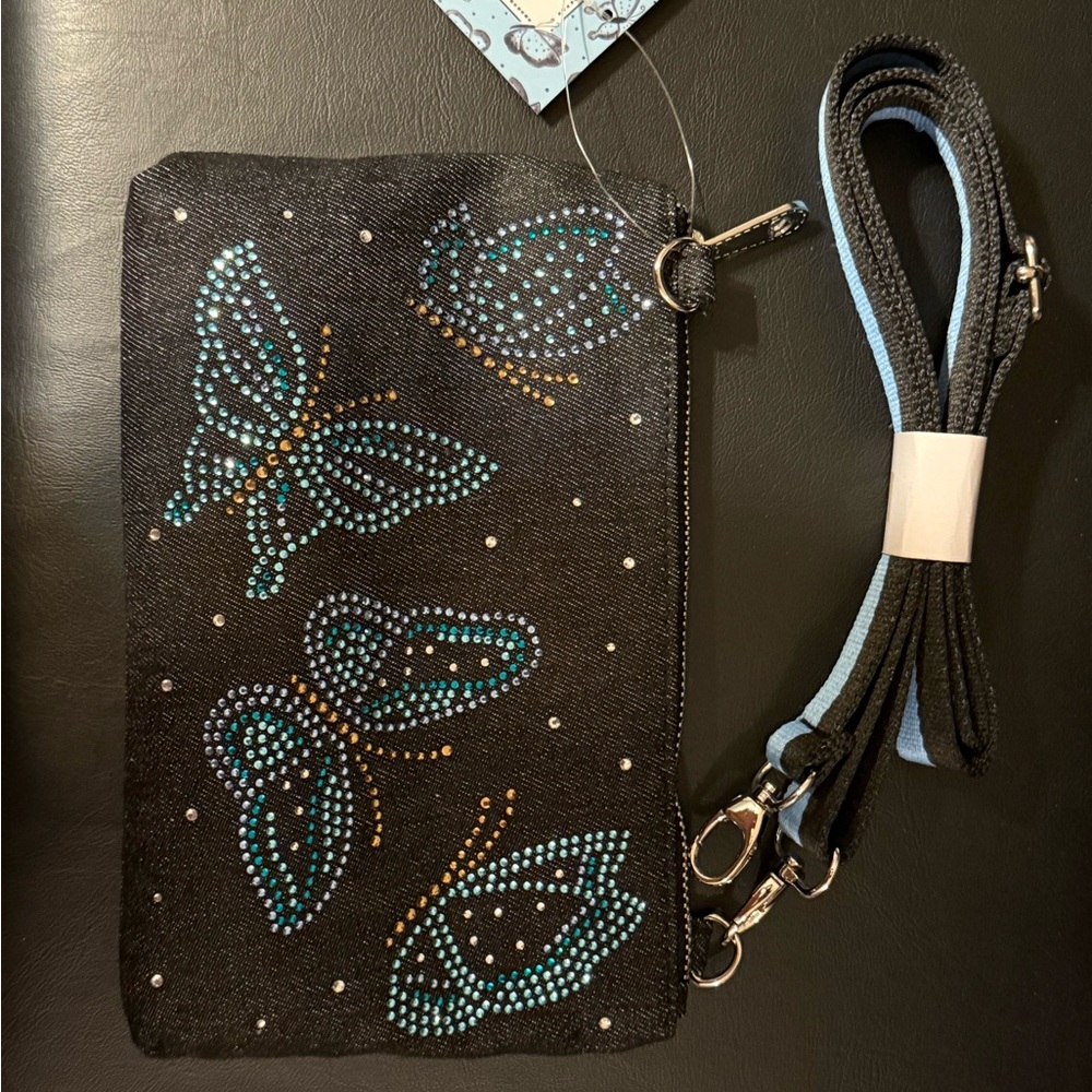 Black Butterfly Embellished Crossbody Bag